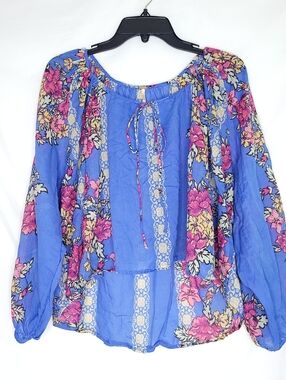 FREE PEOPLE Elena Boho Floral Print Long Sleeve Hi-Low Hem Flowy Blouse XS